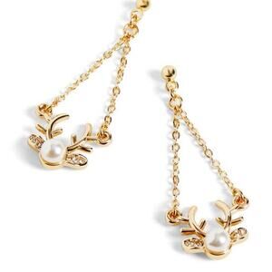 Reindeer Christmas Earrings Dangle Pearl Gold Chain